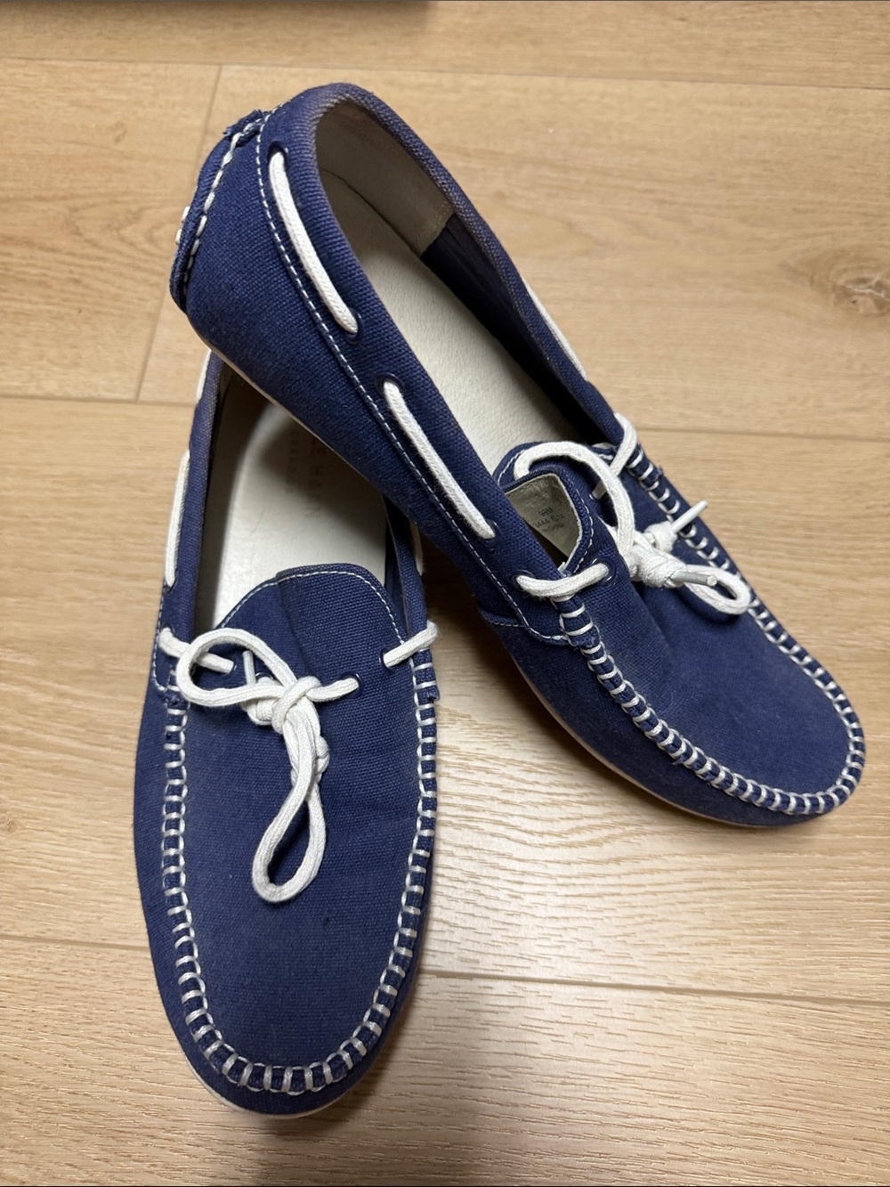 Cole Haan Navy Canvas Slip-On Boat Shoes with White Laces